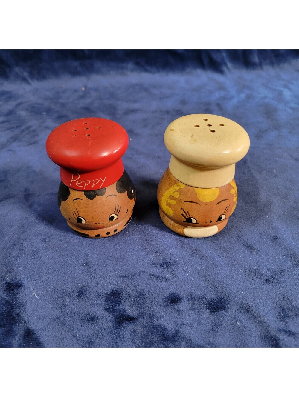 Vintage Salty & Peppy Wooden Chef Salt Pepper Shakers Japan MCM 2.5"